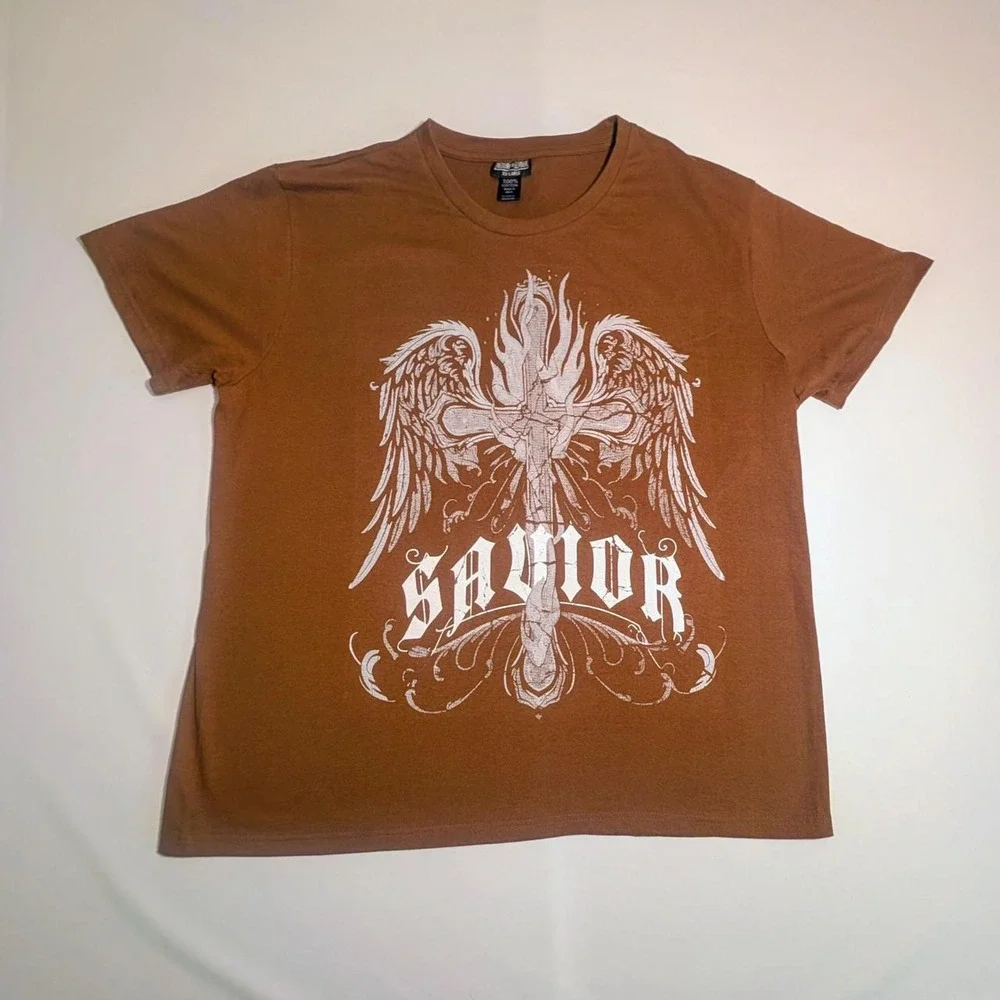 Return to Sender Winged Cross Graphic T-Shirt Brown XXL Y2K Streetwear